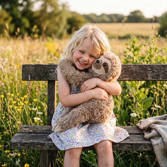 Child hugging Pluffio weighted plushie sloth in summer meadow