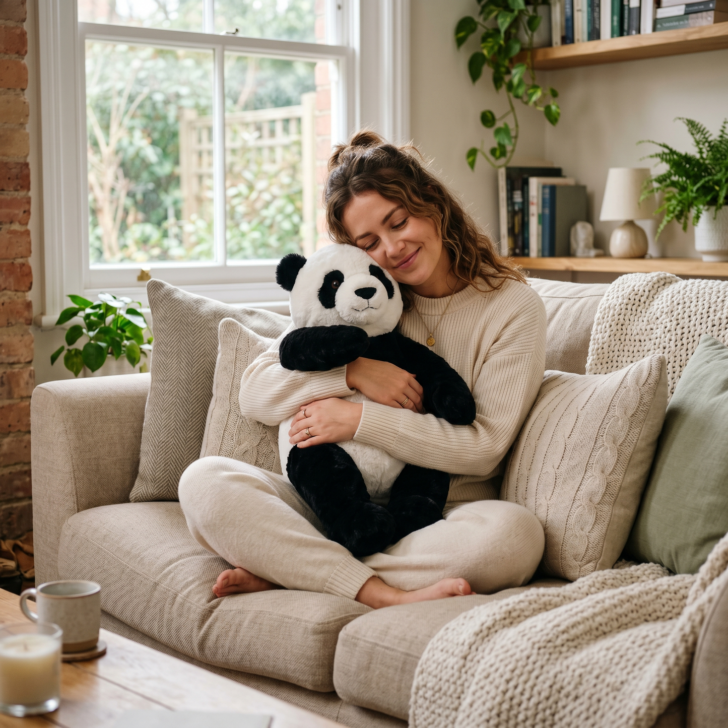 Pluffio weighted plushie on couch — relaxing lifestyle