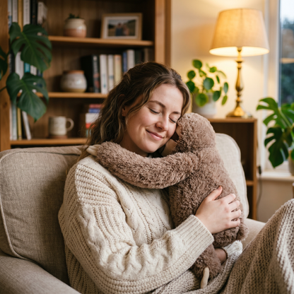 Woman cuddling Pluffio weighted sloth plushie in cosy home