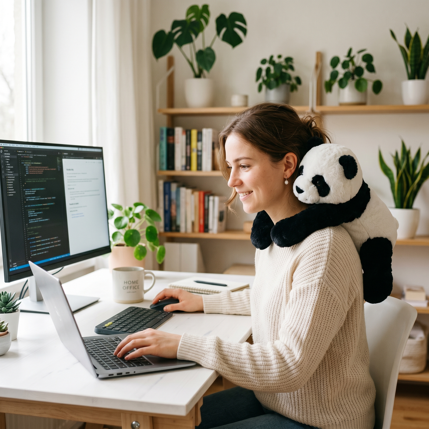 Pluffio weighted panda plushie at home office desk