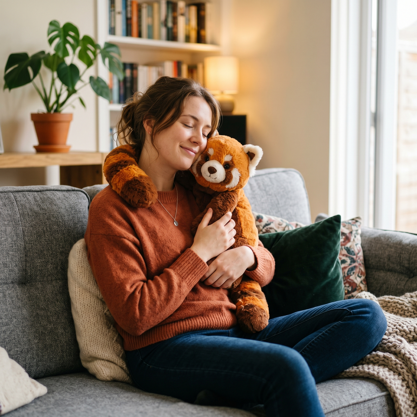 Pluffio weighted red panda plushie on sofa calm moment
